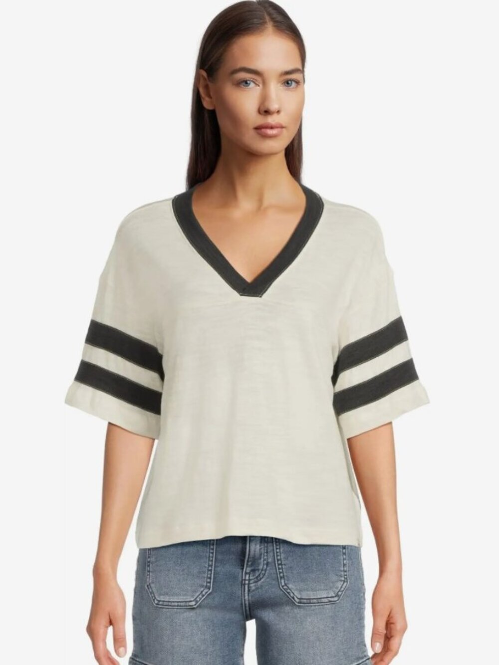 Faherty Sunwashed Slub Varsity Tee - White/Black Size M